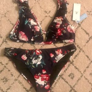 Navy Blue Floral Ruffle Bikini